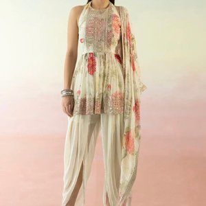 Ivory Georgette Floral Print Kurta Top and Dupatta